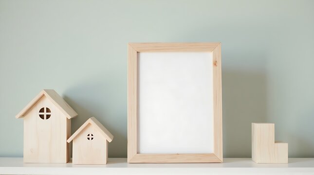 Minimalist Display with Wood Frame, Toy Houses, and Block