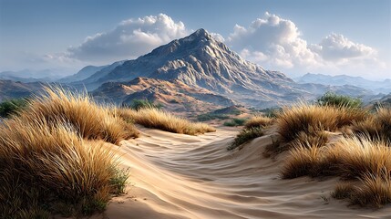 This vast desert scene is alive only with the whisper of the wind, the golden dunes bathed in warm light that stretches to the horizon.