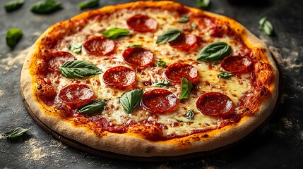 Delicious Pepperoni Pizza with Fresh Basil Leaves