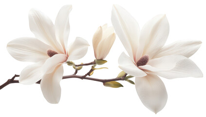 Obraz premium A close-up view of elegant white magnolia flowers blooming on a branch. their delicate petals and intricate details against a soft. neutral background. ideal for nature-themed designs