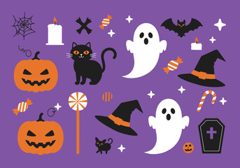 Vector art of a whimsical Halloween scene featuring a witche hat, broom, black cat, spell book, and bubbling cauldron, alongside potion bottles and a playful ghost, all set against a dark backdrop, cr