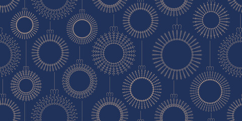 Merry Christmas and Happy New year thin line round lattice ball, bauble. Elegant luxury minimalist vector decoration seamless pattern on blue