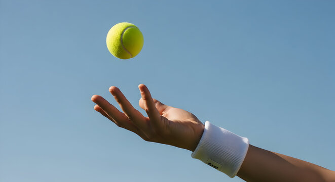 Tennis player hand tossing ball up high blue sky background sports game competition training exercise fitness activity healthy lifestyle summer outdoor activity vibrant energy