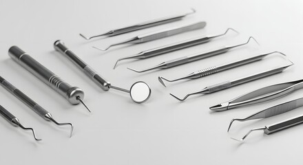 Fototapeta premium A Collection of Various Dental Instruments Laid Out on a White Surface