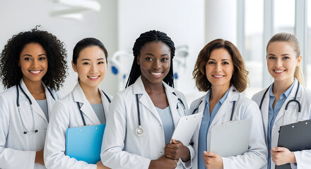 Fototapeta premium Diverse Team of Smiling Female Doctors Healthcare Professionals Medical Staff in Modern Clinic Setting Providing Excellent Patient Care