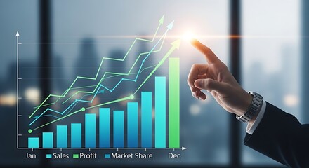 Hand pointing at upward trending financial graph with bar chart and city background