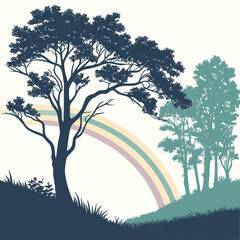 Obraz premium Silhouette trees and pastel rainbow in a grassy landscape