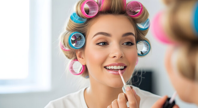 Young woman applying lip gloss while looking in the mirror hair rollers beauty routine morning skincare selfcare home spa