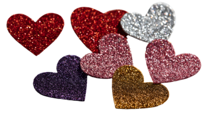 Shiny set of glitter heart stickers isolate on white background, set includes red, pink, silver, purple and gold sparkling shapes, romantic isolate concept for valentine decor