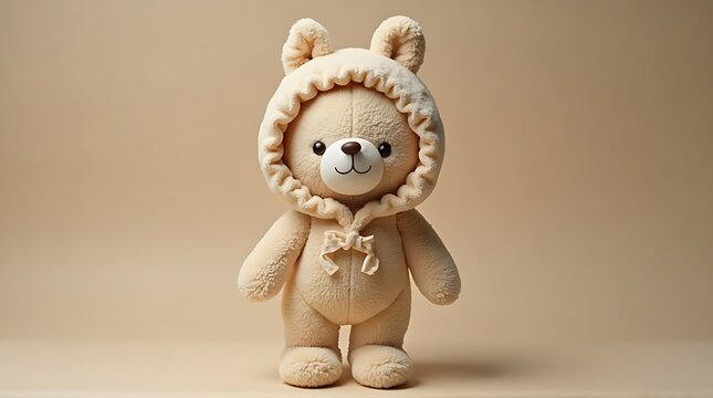 Adorable Beige Teddy Bear Plush Toy Wearing a Hooded Outfit on Neutral Background