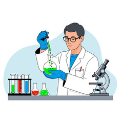 Male scientist or chemist working in a research laboratory, holding a test tube with chemical solution and using a microscope, a professional vector illustration for science, experiment, and medical r