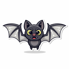 Cartoon Bat with Bone Wing Veins and Yellow Eyes Isolated Sticker Style.