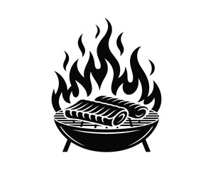 Black and white illustration of ribs cooking on a barbecue grill with flames