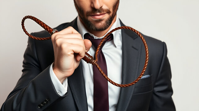 Male dominant businessman in a suit holding a leather whip Flogger for domination