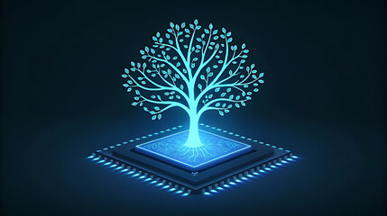 Glowing blue circuit tree on processor technology
