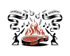Illustration of a large steak cooking over a fire with chefs and musical notes celebrating the feast