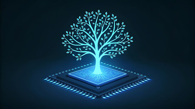 Glowing blue circuit tree on processor technology