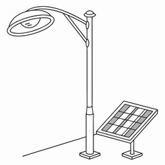 Fototapeta premium A simple line drawing illustration of a modern solar powered street lamp with a separate solar panel