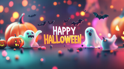 halloween party banner with cute ghost, pumkins and bats