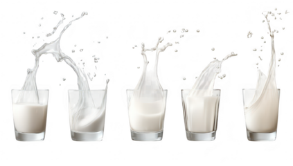 A series of five transparent glasses filled with milk. dynamic splashes as liquid is poured. set against a clean. transparent background. ideal for culinary or beverage-related use
