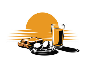 Healthy breakfast with toast eggs and orange juice against a rising sun background
