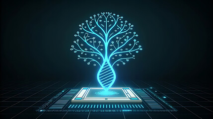 Glowing blue D N A tree on futuristic circuit board