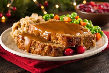 Fototapeta premium Crab & Meatloaf Comfort Food Concept. Delicious meatloaf served with vegetables and cranberry sauce.