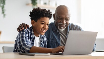 Young boy and grandfather sitting at a desk, looking at a laptop. Two generations using technology together