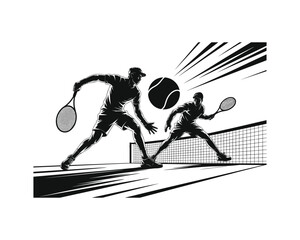 Dynamic black and white illustration of two tennis players in action during a match