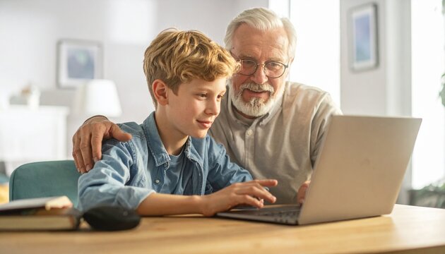 Young boy and grandfather sitting at a desk, looking at a laptop. Two generations using technology together