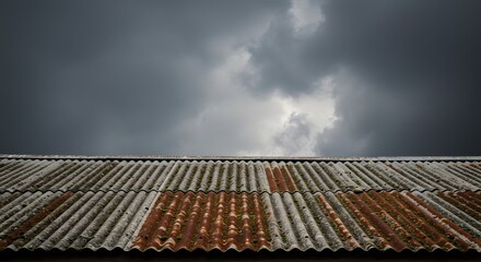 A Dark and Dramatic Sky Above an Old, Rusty Corrugated Metal Roof