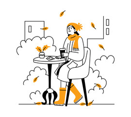 A cozy autumn vibe. A woman sits at a table in a cafe outside, drinking a hot drink, tea, or coffee. Vector doodles