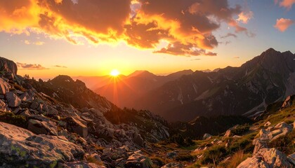 Fiery sunset casting golden light over a rugged mountain range, illuminating rocky foreground