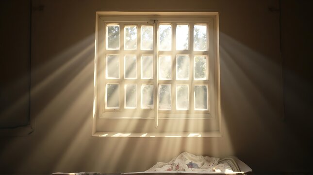 Golden Morning Sunlight Creating Visible Rays Through a Bedroom Window