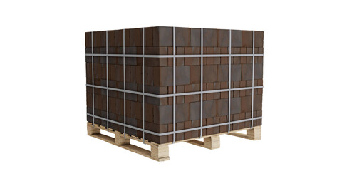 Dark brown bricks neatly piled on a wooden pallet and strapped with plastic bands, isolated on a transparent background. 3D illustration.