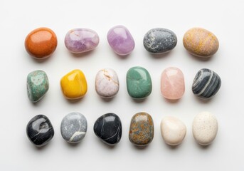 A collection of colorful polished gemstones and crystals isolated on white background