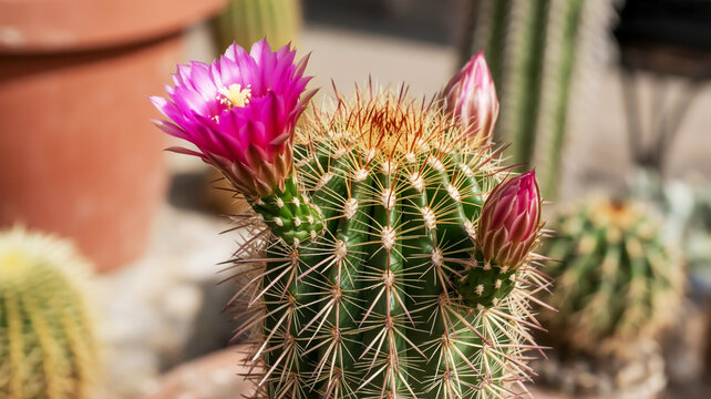 Close-up of a Barrel Cactus with a Vibrant Pink Flower and Buds echinocactus cactus flower