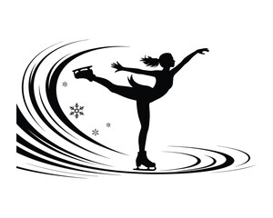 Dynamic silhouette of a figure skater performing an elegant spin with swirling ice trails and snowflakes