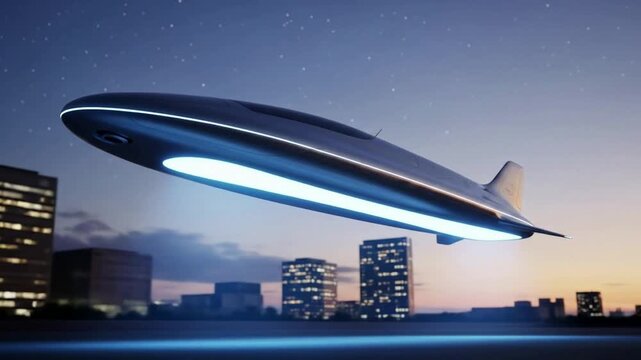 Future transport airship flying over city at night, aerial view
