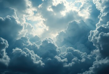 A dramatic sky filled with dense, fluffy clouds, showcasing the sun's light piercing through the thick atmospheric layer.