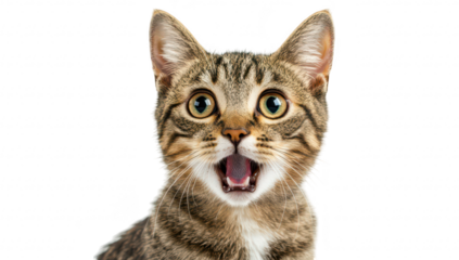 A playful tabby kitten with wide eyes and an open mouth. expressing curiosity and excitement. against a clean white background. perfect for pet-related content or animal photography