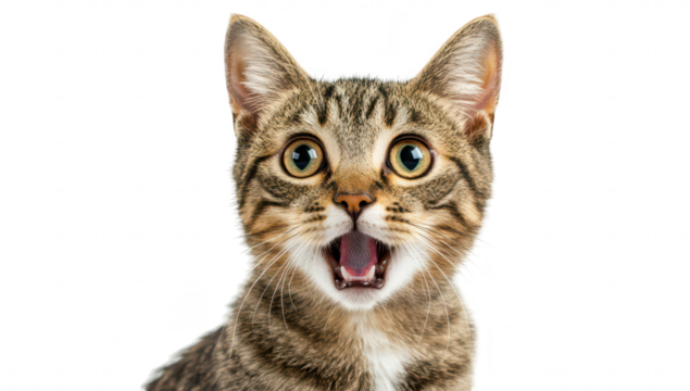 A playful tabby kitten with wide eyes and an open mouth. expressing curiosity and excitement. against a clean white background. perfect for pet-related content or animal photography