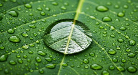 Macro shot of green leaf covered in raindrops after a gentle shower