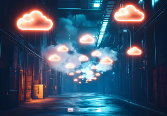 A futuristic data center with floating holographic cloud icons, symbolizing serverless architecture.