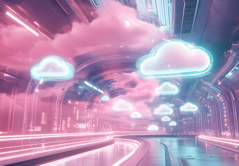 A futuristic data center with floating holographic cloud icons, symbolizing serverless architecture.