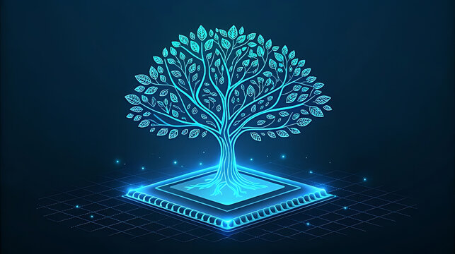 Glowing blue digital tree on circuit board technology 2
