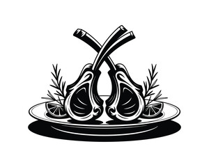 Two cross lamb chops with rosemary and lemon slices on a plate in a woodcut style illustration