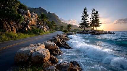 A coastal road at sunrise, with motion blur softening the waves crashing beside it. The horizon glows pink and gold as the road stretches endlessly forward.