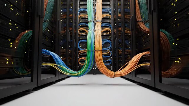 Colorful network cables neatly organized within a server room, highlighting the intricate digital infrastructure essential for high-speed data transfer and robust network connectivity
