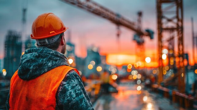 Construction engineer in orange helmet and reflective vest at modern city construction site with cranes at sunset